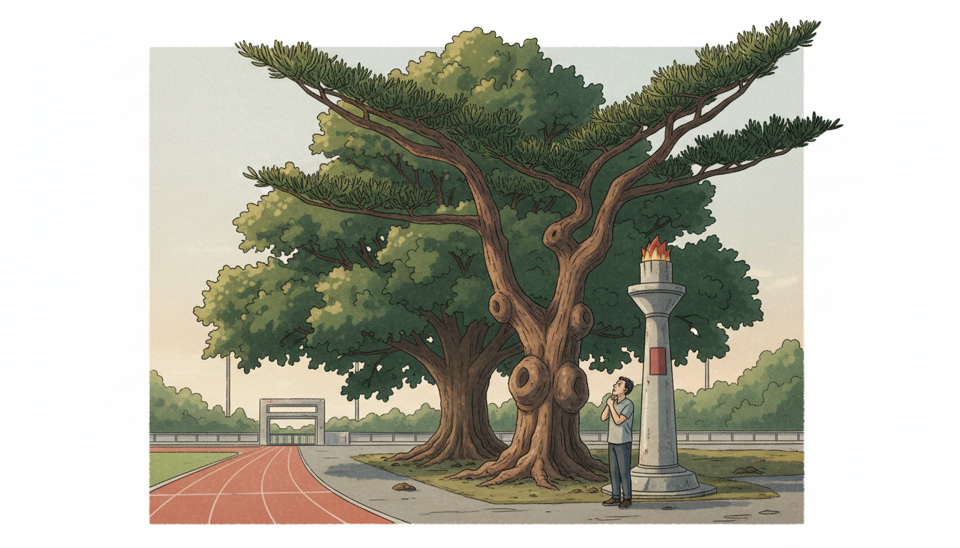 在屏東中山公園,與百年老樹的一場靜默對話:從欖仁樹板根到被遺忘的歷史角落 9 逆境生存的木麻黃與樟樹:聖火台後的沉默守護者