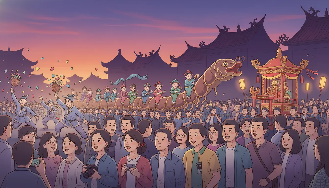 金門城隍祭典完整指南:從明代衛所到戰地前線,解讀打花草、蜈蚣座與宗族動員的閩南海島信仰 24 金門城隍祭典打花草儀式,專人手持榕樹枝芙蓉葉沿路揮灑淨水驅邪開道