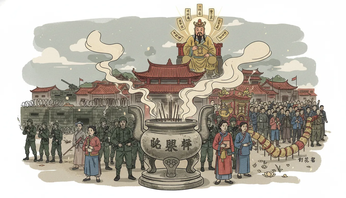 金門城隍祭典完整指南:從明代衛所到戰地前線,解讀打花草、蜈蚣座與宗族動員的閩南海島信仰 26 金門城隍廟內軍民共同祈福的歷史場景,展現戰地時期特殊的宗教信仰文化