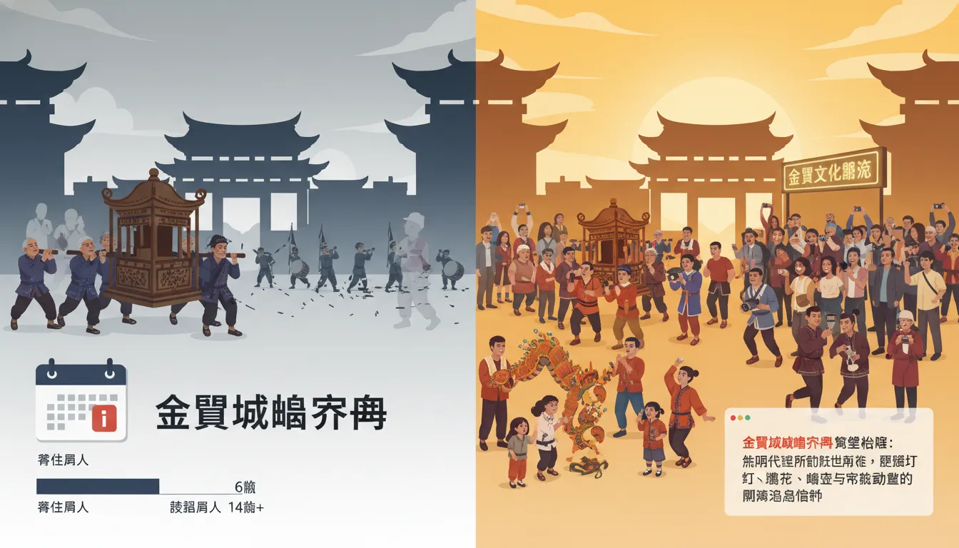 金門城隍祭典完整指南:從明代衛所到戰地前線,解讀打花草、蜈蚣座與宗族動員的閩南海島信仰 27 金門城隍祭典夜巡遶境火把隊伍穿越傳統閩南建築聚落,展現文化傳承與觀光轉型挑戰